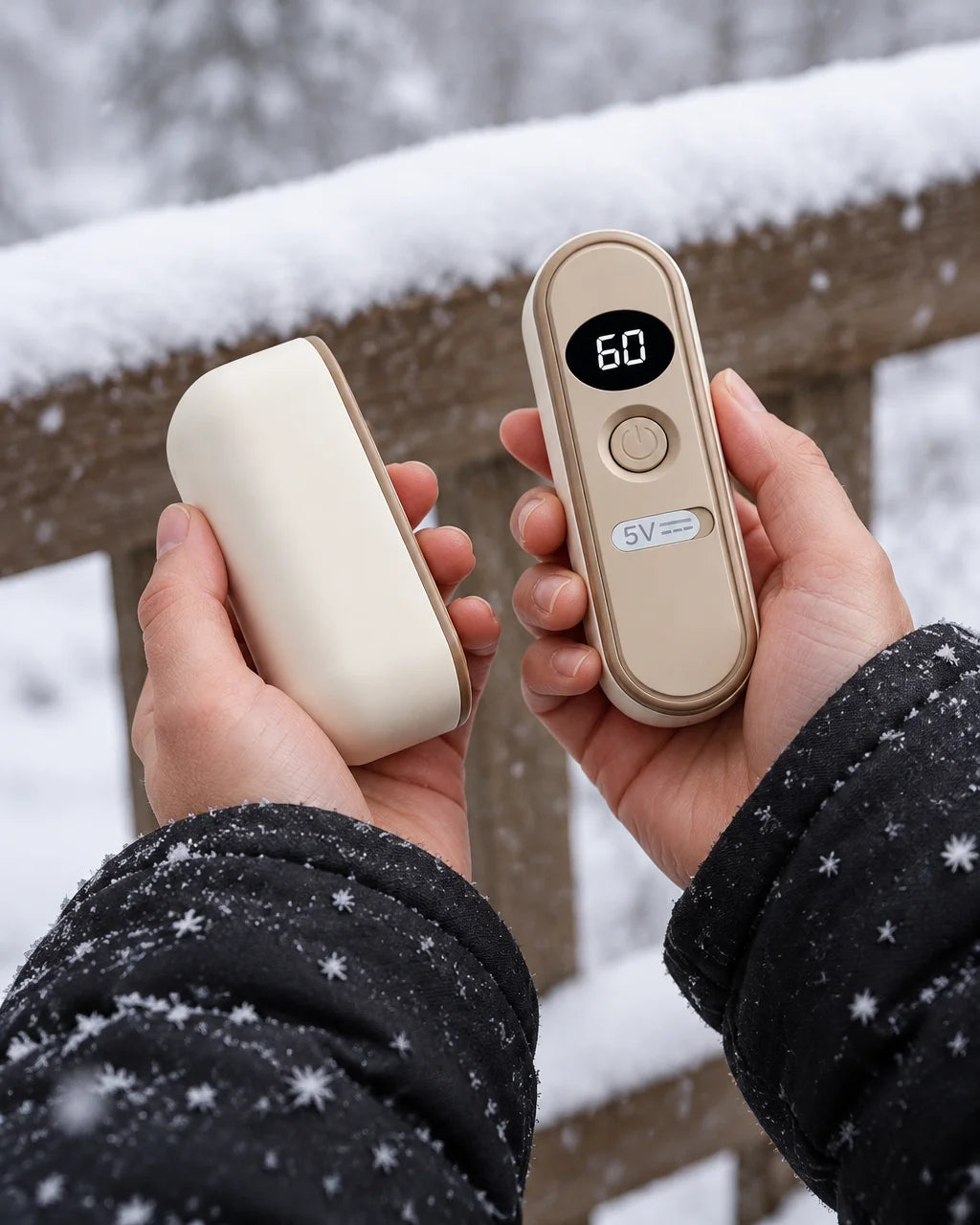 A close outdoor photograph of a person’s two bare hands holding one exact off-white magnetic hand-wa