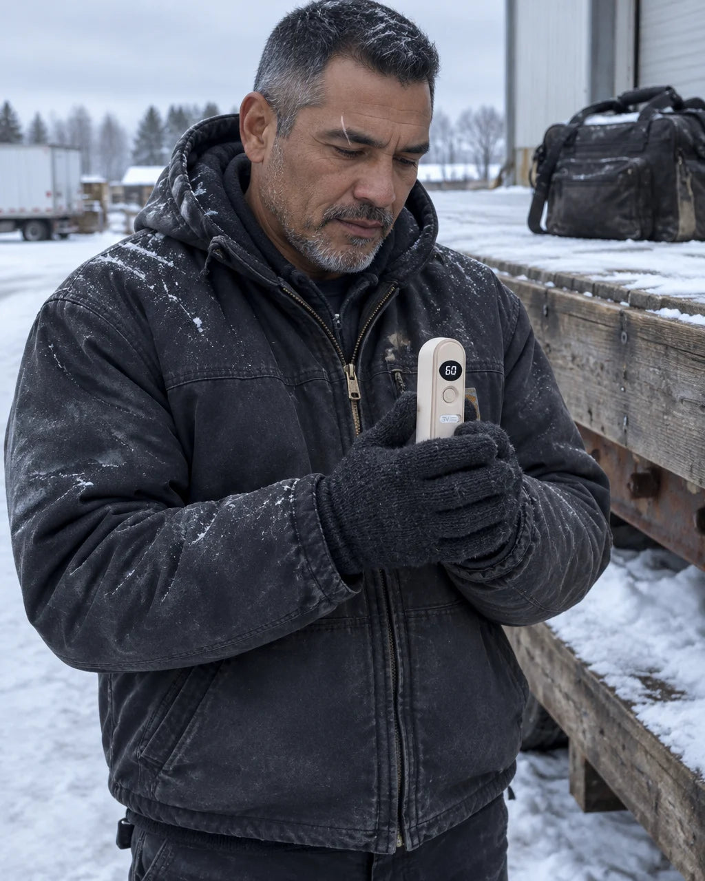 A photograph of a 48-year-old Canadian man with medium-brown skin, a square jaw, a short salt-and-pe