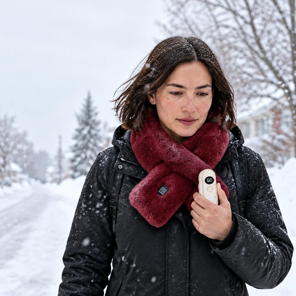 Keep the exact same winter walk, woman, face, burgundy scarf, off-white hand warmer, clothing, snowf