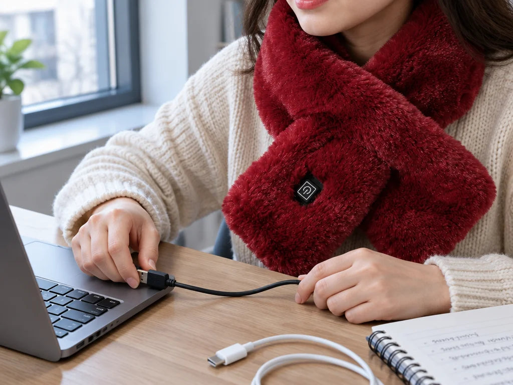 A real-life close photograph of a person wearing the burgundy heated scarf while seated at a small d