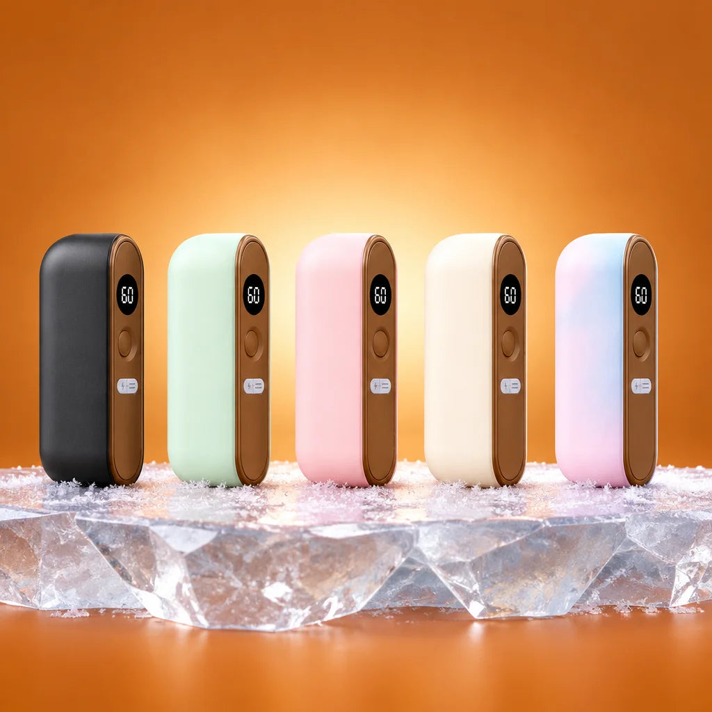 A constructed studio lineup of five exact versions of the magnetic rechargeable hand warmer shown in