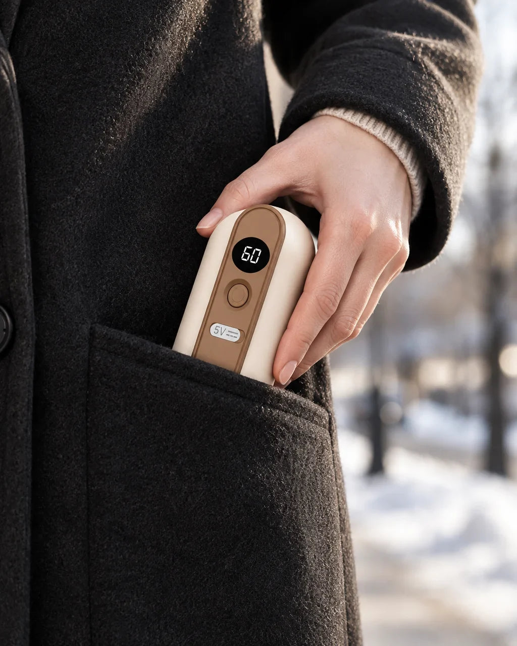 Chauffe-mains magnétique NESHIVER rangé dans la poche d'un manteau
